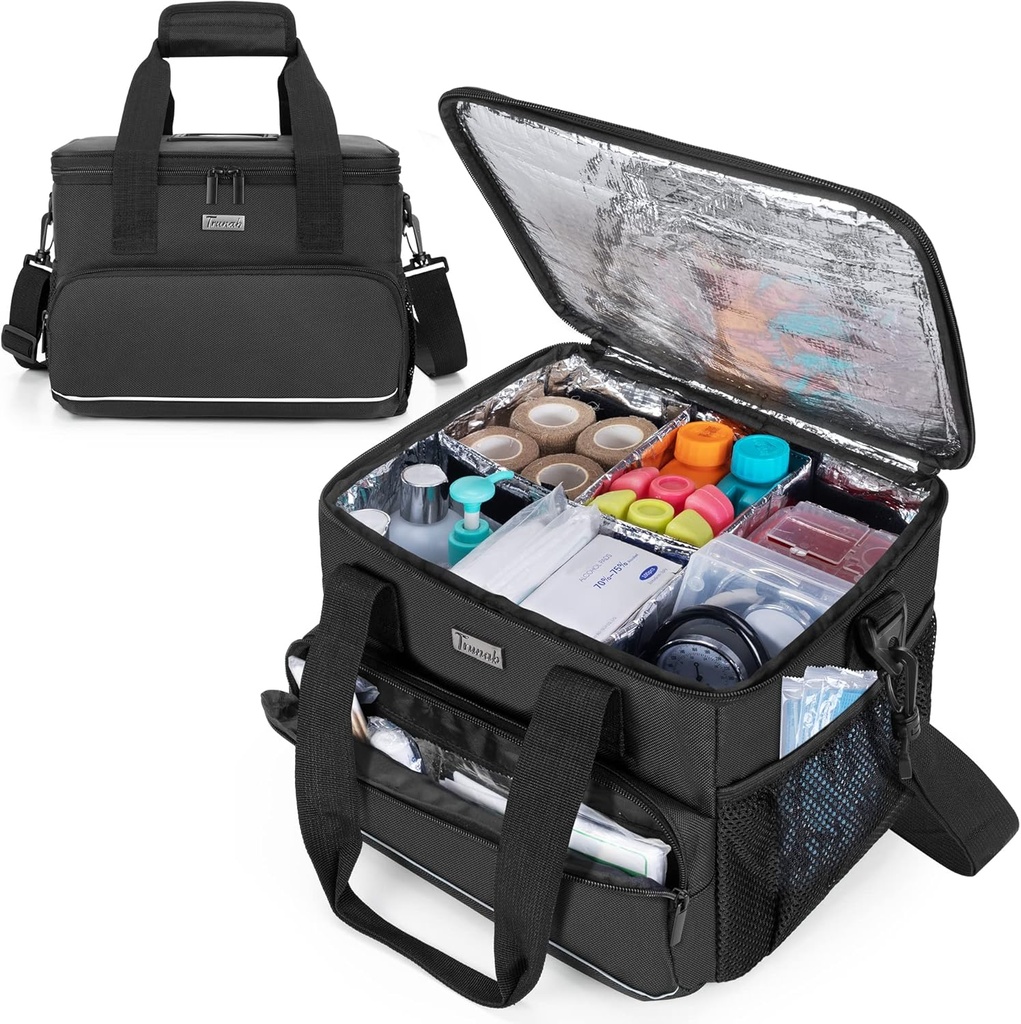 Trunab Isoleret Medical Bag med justerbar Dividers, Medicin Forsyninger Vand- resistent Bag til Hjem, Rejser, Camping, Tomme Bag - Patenteret Design, Sort