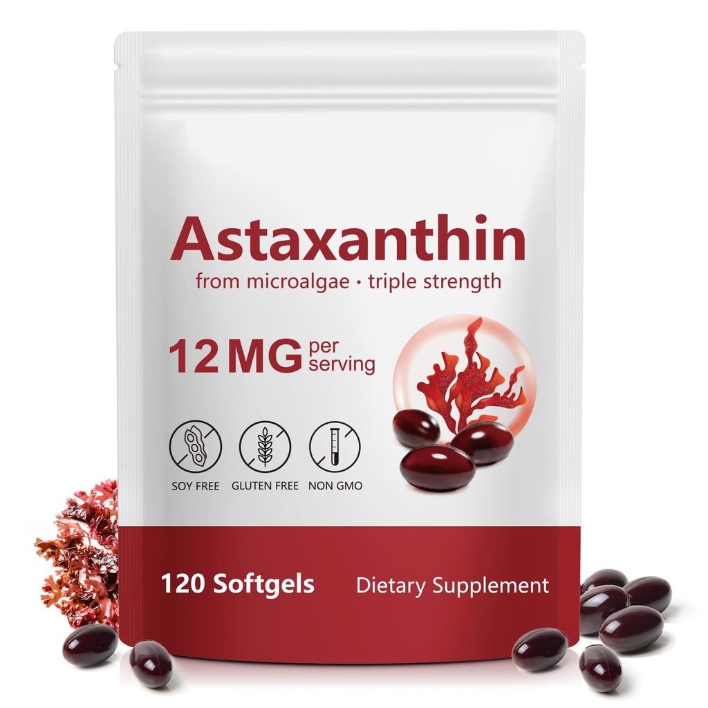 Astaxanthin 12mg Softgels from Microalger - Antioxidant Support - Non- GMO, Gluten Free - 120 Softgels