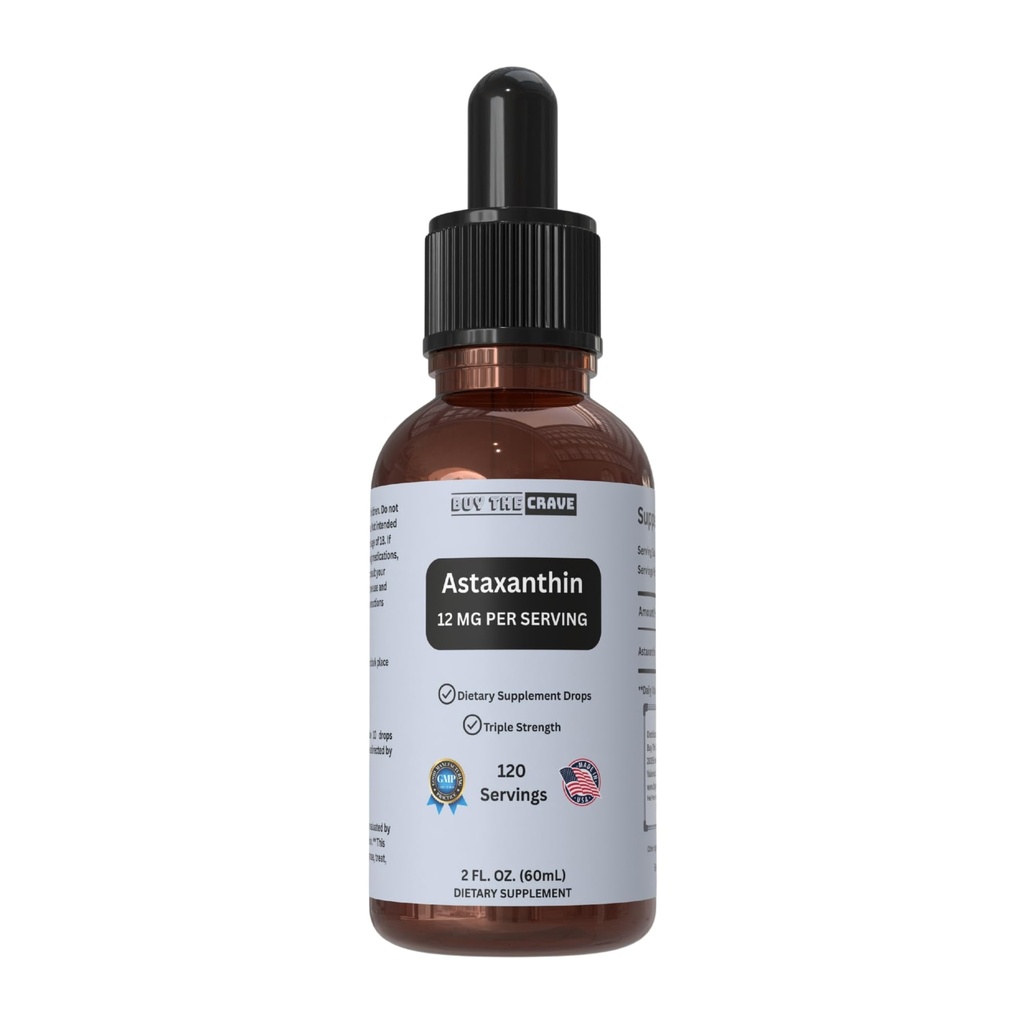 Astaxanthin Flydende dråber Infunderes med koldt presset ekstra jomfruolie - 12mg per servering - Natural Antioxidant Support - 2 fl oz Dropper Flaske - Vegan, Non- GMO
