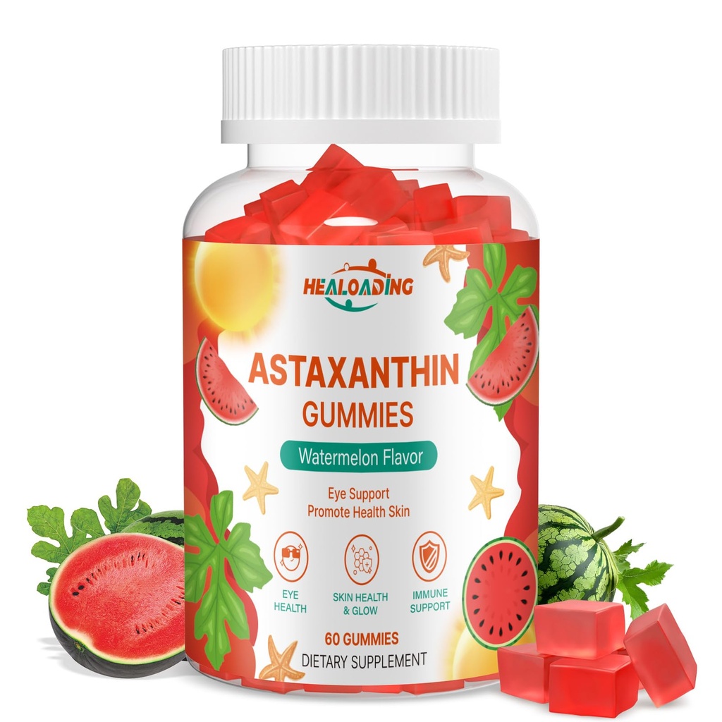 Astaxanthin 12mg Kosttilskud Gummies: Antioxidant supplement til støtte øje, hud, fælles & immunsystem sundhed Non- GMO & Gluten- fri (60 Gummies)