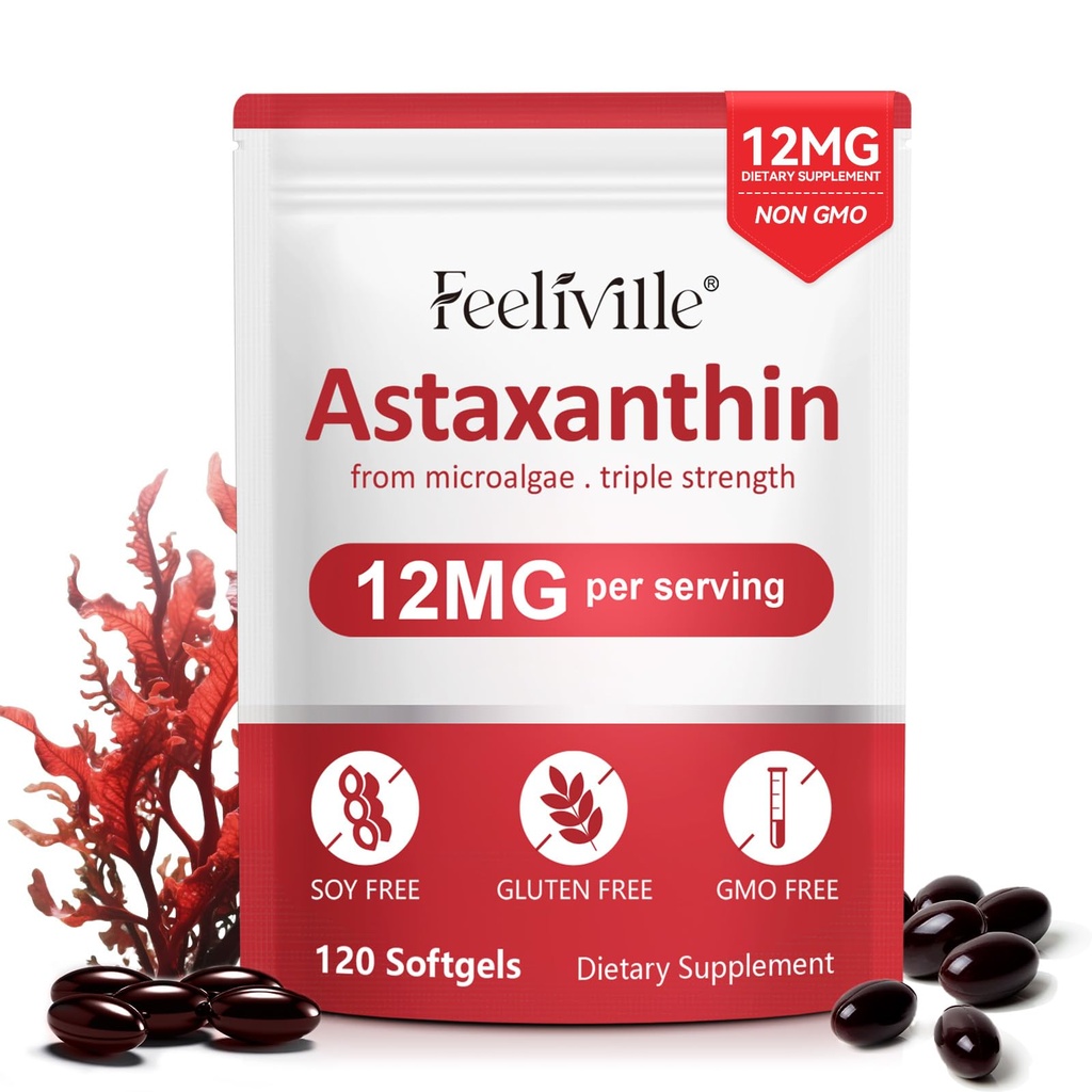 ABOUME Astaxanthin Kosttilskud, Astaxanthin 12mg, Friske mikroalger Kilde, Understøtter øje, immunforsvar, hudsundhed, intern cirkulation af 124; Non- GMO 'er