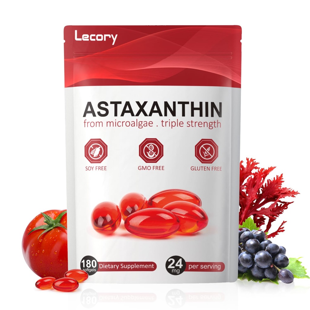 Astaxanthin 24mg, 180 Softgels against 124; 6 måneders levering af Premium antioxidant against 124; tredobbelt styrke for øje, immunforsvar, hud & kredsløbsstøtte; 124; Let at synke, non-GMO, soja fri