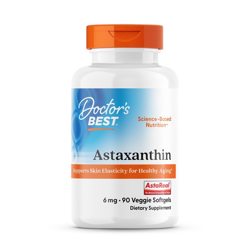 Doctor 's Best Astaxanthin Vegan Supplement 6 mg - Skin Elasticitet & Antioxidant Support til Mænd & Kvinder, Uddrag af Haematococcus Pluvialis Mikroalger, Non GMO, Gluten Free - 90 Veggie Softgels