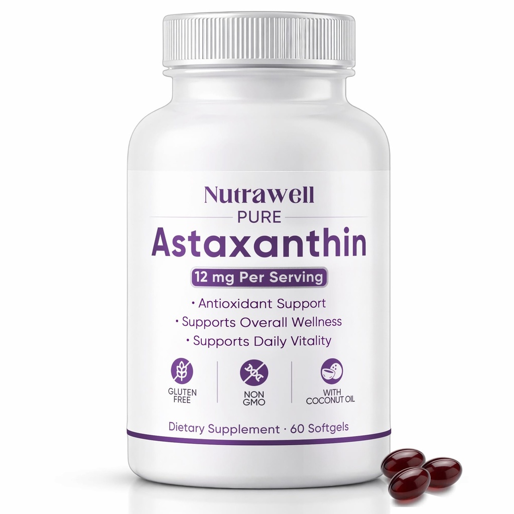 NutraWell Astaxanthin 12mg, med kokosolie, Antioxidant Support, Non- GMO, Gluten Free, 60 Softgel
