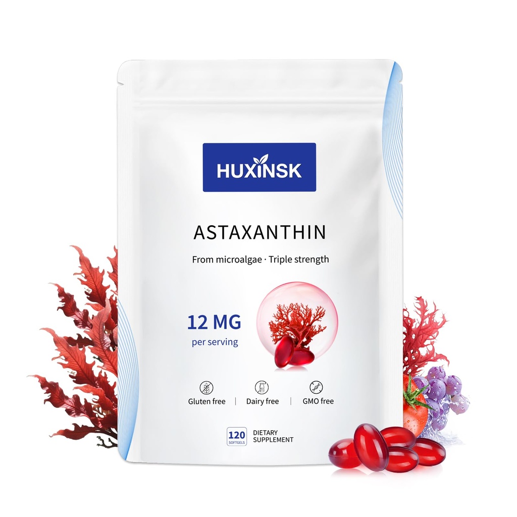Astaxanthin 12mg Kosttilskud, 120 Softgel, Max Strength Astaxanthin Antioxidant Kosttilskud Form Friske Mikroalger, 4 Måned Supply, Understøtter Øje, Hud, Fælles, Brain, Heart & Immunsystem Sundhed, 1 Bag