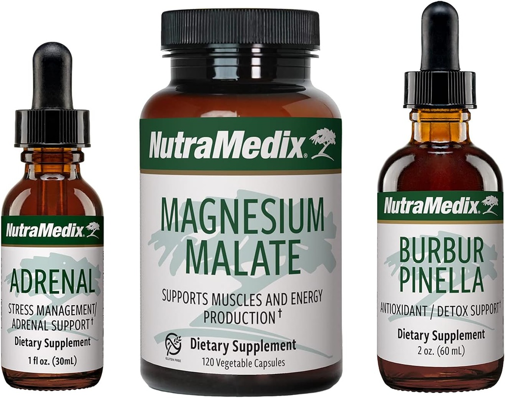 NutraMedic Energy Set - 3 -Piece Kit omfatter Ekstrakter af Astragalus, Rhodiola, Ginseng & Schisandra, Burbur- Pinella Detox Drops & Magnesium Malate Kapsler til generel Wellness