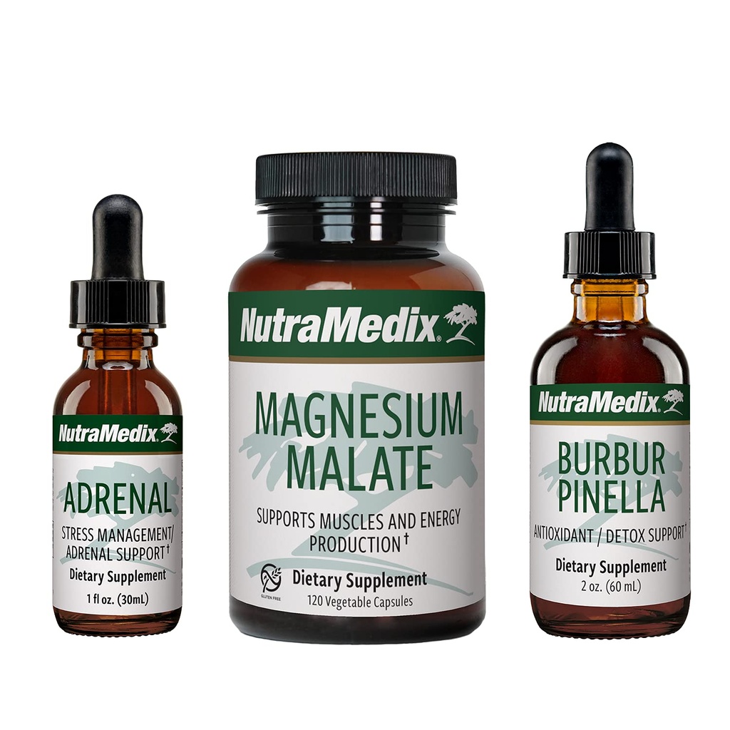 NutraMedic Energy Set - 3 -Piece Kit omfatter Ekstrakter af Astragalus, Rhodiola, Ginseng & Schisandra, Burbur- Pinella Detox Drops & Magnesium Malate Kapsler til generel Wellness