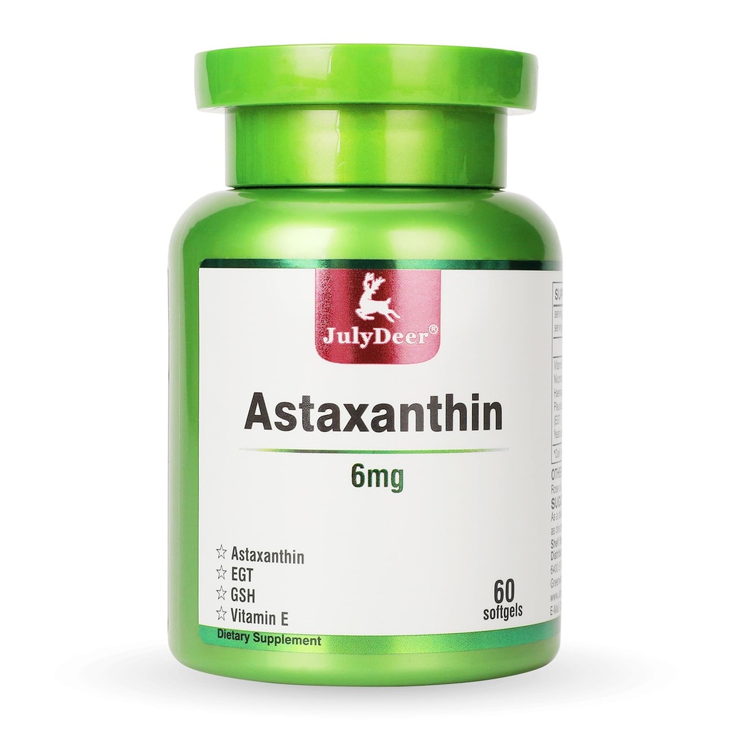 JulyDeer Astaxanthin 6 mg per servering, 60 Softels - Double Strength Mikroalger - Natural Haematococcus Pluvialis Kilde - Antioxidant Kosttilskud til hud, øjne, joints, & immunforsvar - non-GMO