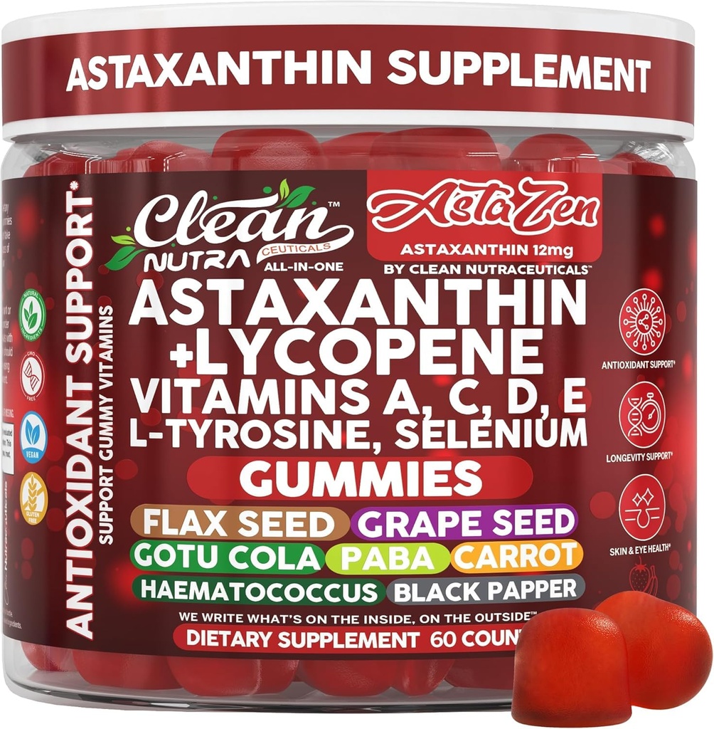 Rene nukleosteroider Astazen Astaxanthin Gummies 12mg - med Lycopene, Vitaminer A C D E, L- Tyrosin & Selenium - Antioxidant Support Gummies - 60 Greve
