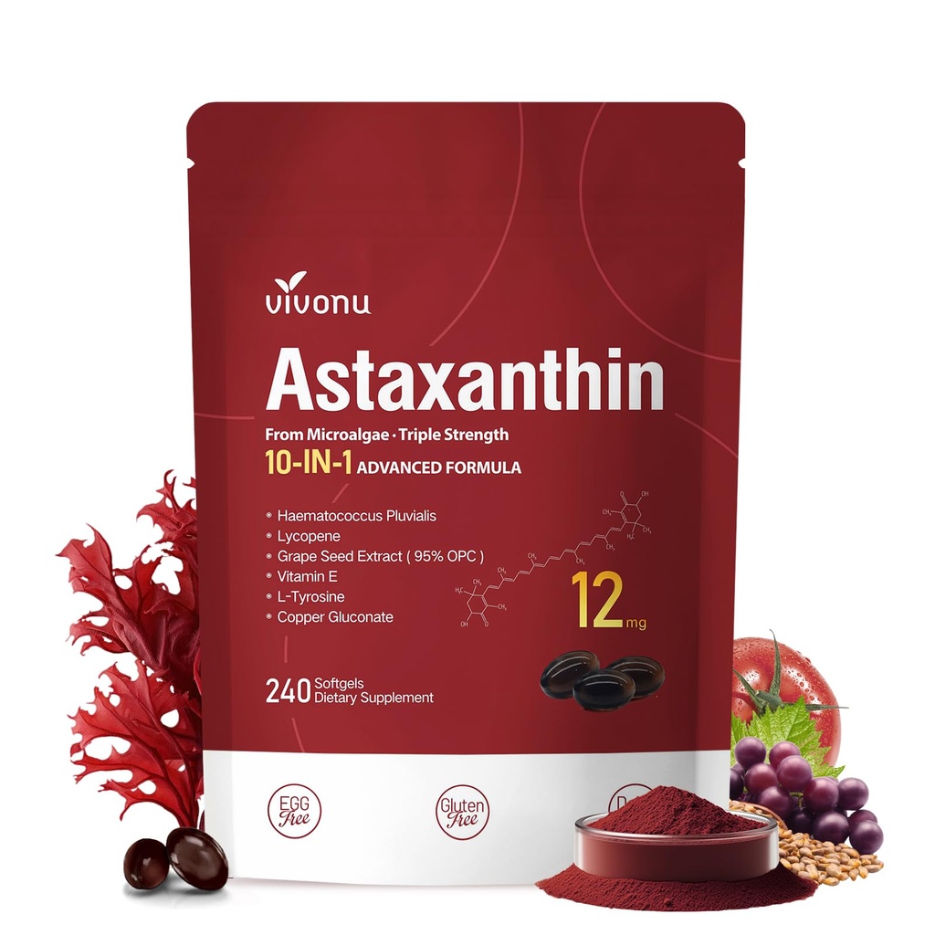 VivoNu Astaxanthin 12mg Kosttilskud, 240 Softgel, Frisk Hæmatococcus Pluvialis 10 i 1 Astaxanthin Antioxidant Kosttilskud, understøtter øje, hud, fælles, hjerne, hjerte og immunsystem sundhed