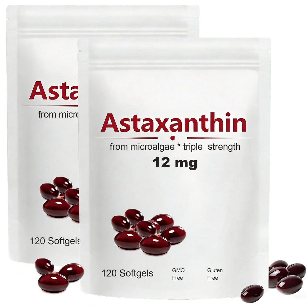 2pack Astaxanthin 12mg, 120 Softgels, Max Strength Antioxidant with Coconut Oil, Natural Formel, High Absorption for Eye & Skin Support, Natural Formel, Non- GMO, Gluten Free