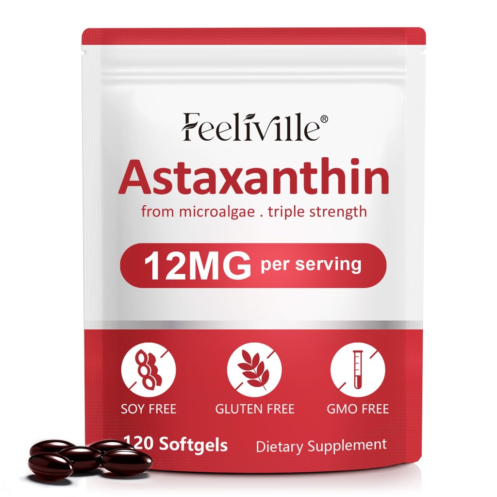 Astaxanthin 12mg (120 Softgel) - Premium Astaxanthin Antioxidant Kosttilskud - understøtter øje, intern cirkulation, immunforsvar & hudsundhed - Friske mikroalger Kilde - Non- GMO & ingen gluten