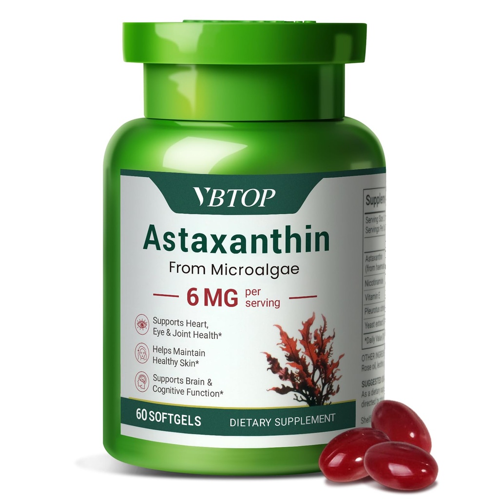 Astaxanthin 6 mg, Premium astaxanthin supplement med antioxidant aktivitet, understøtter øje, hud, fælles, og immunsystemet sundhed. Friske mikroalger Kilde, Non-GMO, Glutenfri - 60 softgel