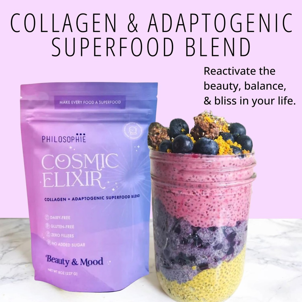 Philosophie Kosmisk Elixir Collagen Superfood Blend med Adaptogens - Økologisk & usødet pulver til Gut Health, Hormone Balance, fælles støtte & hud Vitality - 32 Serveringer