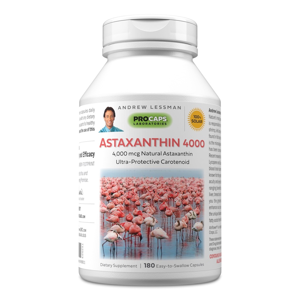 ANDREW LESSMAN Astaxanthin 180 Softgels - 4000 mcg Natural Astaxanthin, Kraftfuld Antioxidant Carotenoid. Beskyttelse af øjne, hjerte, hud og mere. Ingen tilsætningsstoffer. Let at sluge Softels