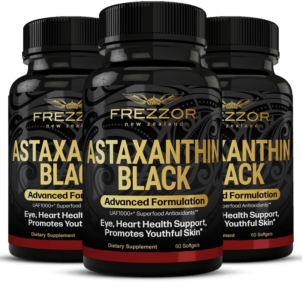FREZZOR Astaxanthin Black med UAF1000 + Super Antioxidant, Understøtter hjerte, Eye & Brain Health, Anti- Aging Skincare & Cellular Protection, 12mg Astaxanthin per serve, 180 Softgels, 3 Måned Supply