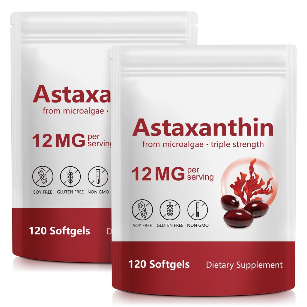 Astaxanthin 12mg, 120 Softgel, (2Pack) Premium Astaxanthin Antioxidant Kosttilskud med antioxidant aktivitet, understøtter øje, hud, fælles & immunsystem sundhed, friske mikroalger Kilde, Non- GMO