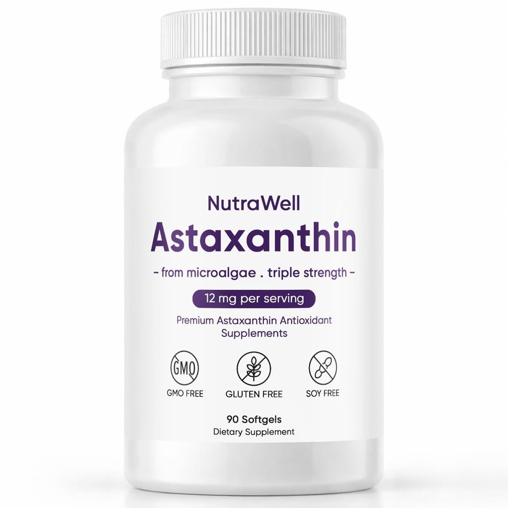 Nutrawell Astaxanthin - Dagligt antioxidant Wellness supplement med naturligt sourced Astaxanthin Clean Formel for aktiv voksen livsstil Let at tage kapsler - 90 Softgels (1)