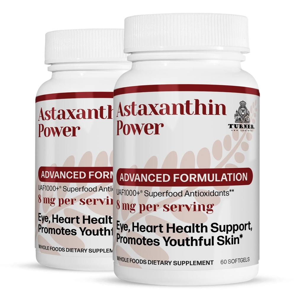 TURNER New Zealand Astaxanthin Power med UAF1000 +, Antioxidant Supplement, 12 mg Astaxanthin, 60 Servere, 2 flasker