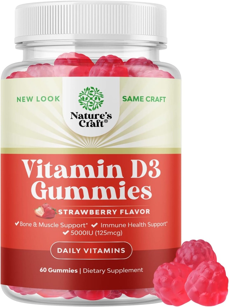 Vegansk vitamin D3 Gummies til voksne - Vitamin D3 5000 IE naturlige vingummi vitaminer til mænd og kvinder Immunitet fælles støtte Plus tænder - Gelatine gratis ikke GMO lækker jordbærsmag