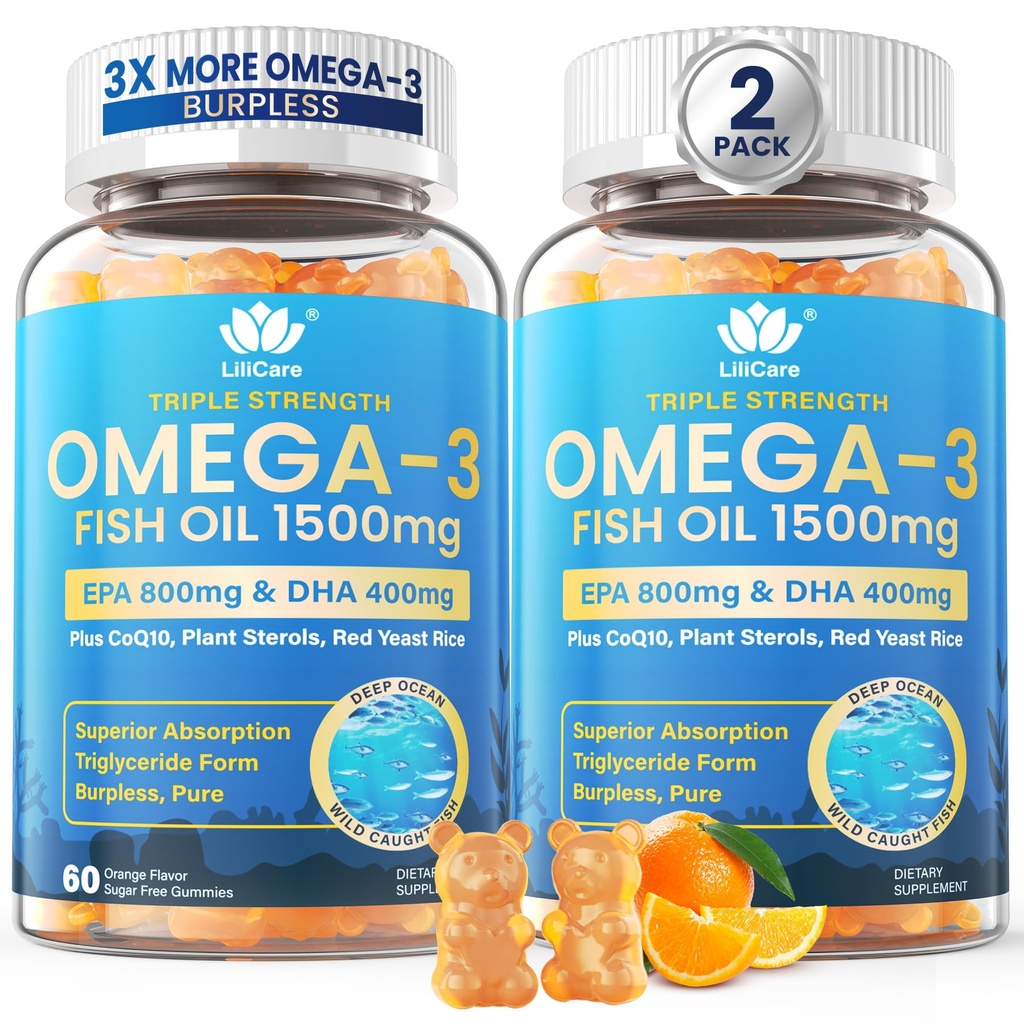 Fish Oil Omega 3 Gummies 1500mg for voksne - Triple Strength with EPA & DHA, COQ10, Red Yeast Rice - Wild Catht Omega 3 Fedtsyrer Kosttilskud til hash-t & Brain - Sukker fri, Burpless, 120 Greve