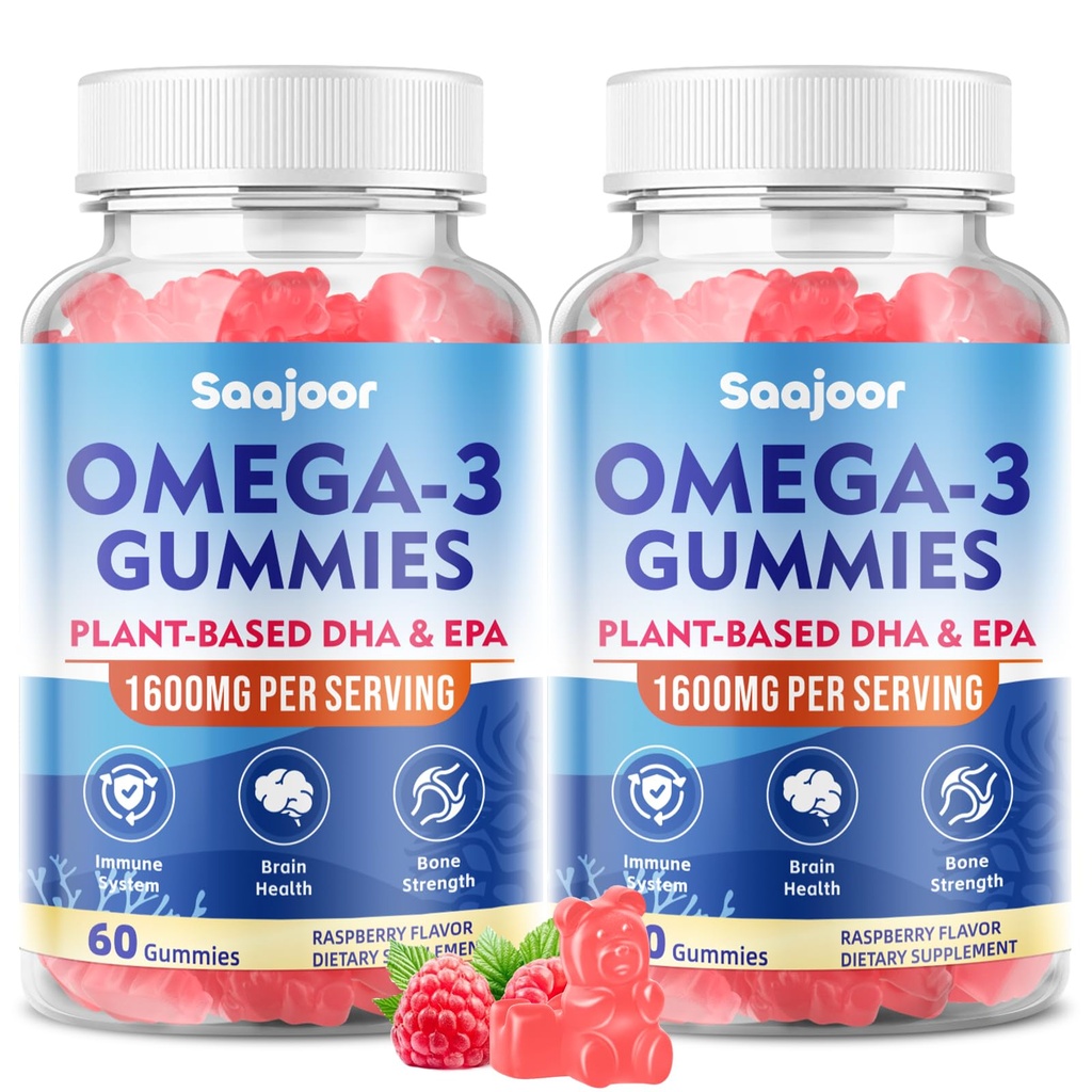 2 Pack Vegan Omega-3 Gummies1000mg til voksne - Sukker Free Supplement med 400mg DHA & 600mg EPA, Vitamin A, C, E og Zink - 120 Tæl