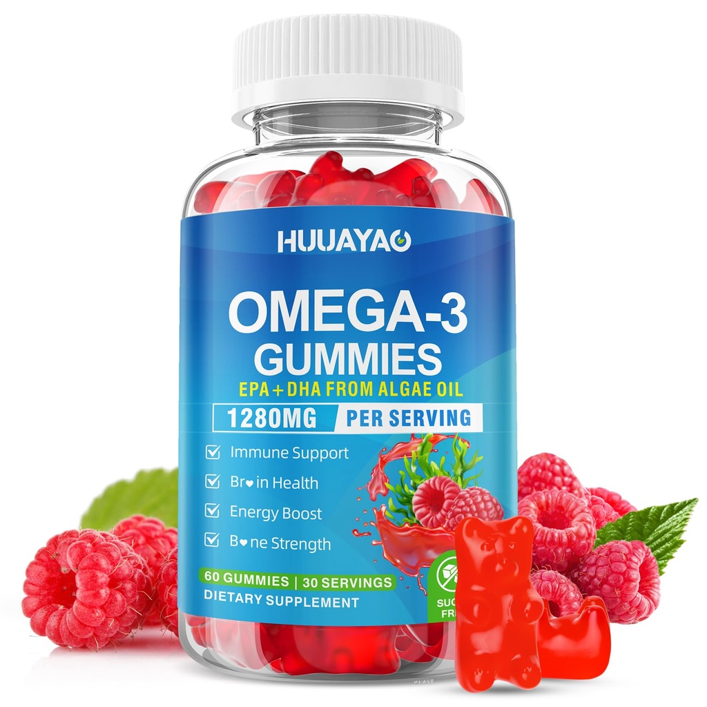 Vegansk Omega-3 Gummies 1028mg, Omega 3 Fiskeolie Alternativ for voksne w / EPA 400mg & DHA 600mg & vitamin A, C, E understøtter hjerne, øje & immunforsvar, sukker fri, Raspberry Flavor, 60 Greve
