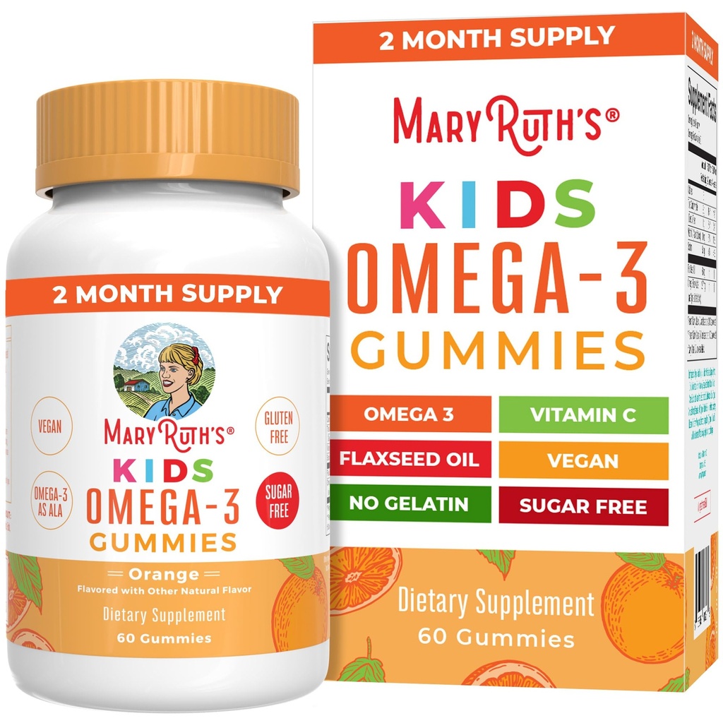 MARYRUTH 'S Vegansk Omega 3 Gummies for Kids 2 +, 2 Months Supply, Sugar Free, Omega 3 Supplement med C-vitamin, Flaxseed Oil, Immunstøtte, Essential Nutrient ALA, Ingen fisk smag, 60 Greve
