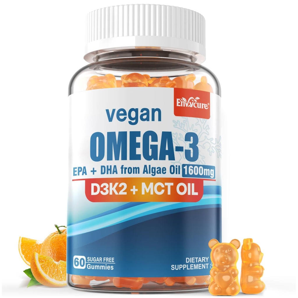 Vegansk Omega 3 Gummies 1280mg + D3 K2-vitamin (MK7), Omega 3 Fish Oil Alternative til voksne, w / Algae EPA 600mg & DHA 400mg, MCT Oil - No Fish Taste - for Brain, Eye, immunforsvar, sukker fri, 1 pakke