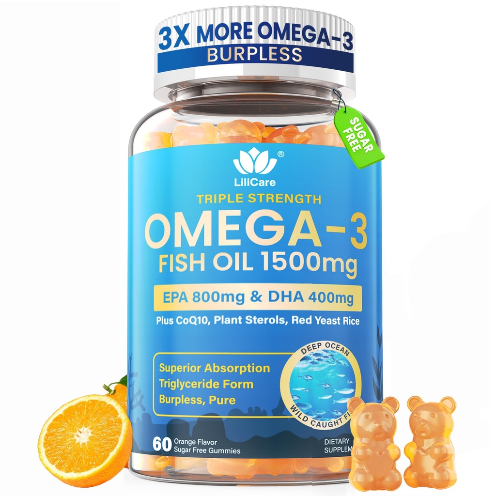 Fish Oil Omega 3 Gummies 1500mg for voksne - Triple Strength with EPA & DHA, COQ10, Red Yeast Rice - Wild Catht Omega 3 Fedtsyrer Kosttilskud til hash-t & Brain - Sugar Free, Burpless, 60 Greve