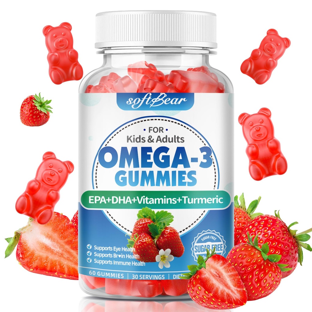 softbear Omega 3 Gummies for Women & Men & Kids Omega 3 Kosttilskud 1200mg Vegan Omega 3 Fedtsyrer DHA EPA med vitaminer Support Eye & Brain Health, Sukker Free, Strawberry Flavor 60 Greve
