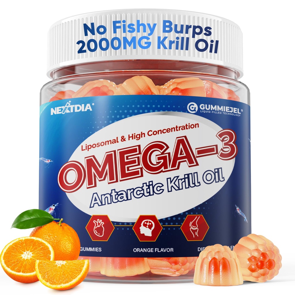 Liposomal Antarctic Krill Oil Omega 3 Gummies 2000mg - Cellulær Level Absorption Omega-3 med EPA, DHA & Astaxanthin - Antioxidant & Brain Support - Fish Oil Supplements Alternative - 60 Count
