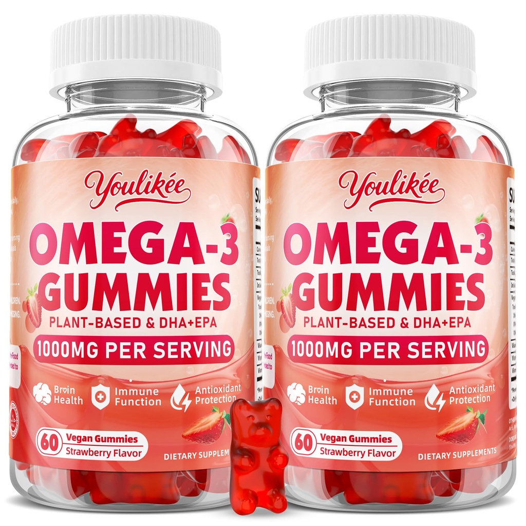 2 Pack Vegan Omega-3 Gummies 1000mg, Omega 3 Fish Oil Alternative til voksne, Plant Based DHA 460mg & EPA 230mg w / vitamin A, C, E, Strawberry Flavor, 120 Count