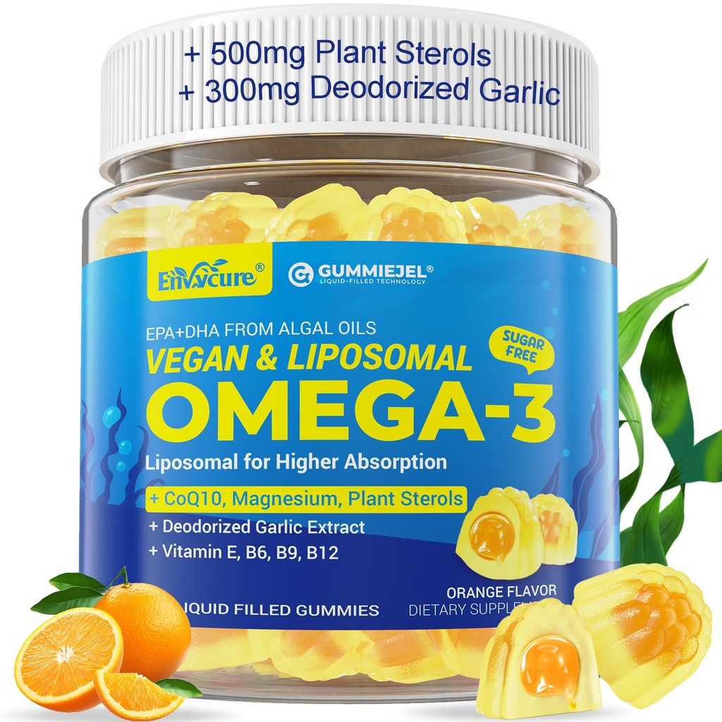 Vegan Omega-3 Gummies 1000mg + CoQ10 + Magnesium- EPA 600mg & DHA 400mg, Fish Oil Omega 3 Kosttilskud Alternativ for kvinder Adults- Liposomal Form -Algae- Plant Steroler, Hvidløg, B6, B9, B12, Sukker fri