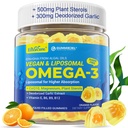 Vegan Omega-3 Gummies 1000mg + CoQ10 + Magnesium- EPA 600mg & DHA 400mg, Fish Oil Omega 3 Kosttilskud Alternativ for kvinder Adults- Liposomal Form -Algae- Plant Steroler, Hvidløg, B6, B9, B12, Sukker fri