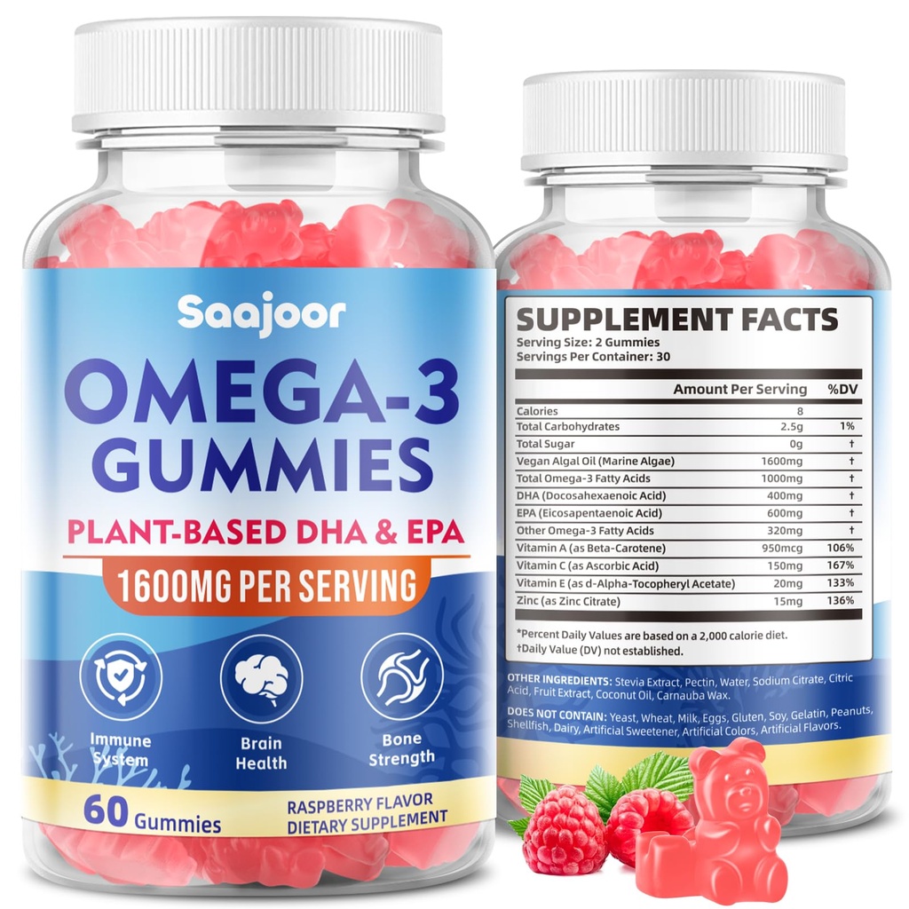 Vegan Omega-3 Gummies1000mg for voksne - Sukker Free Supplement med 400mg DHA & 600mg EPA, Vitamin A, C, E og Zink - 60 Tæl