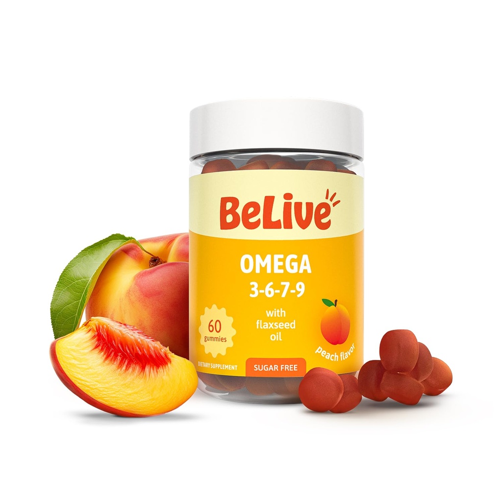 BeLive Organic Omega 3 Gummies - 60 Ct I Vegan Omegas 3 6 7 & 9 fra Flaxseed Oil & Sea Buckthorn Frugtolie, for børn og voksne, fuld krop, hjerne og øje støtte, sukker fri - Peach Flavor