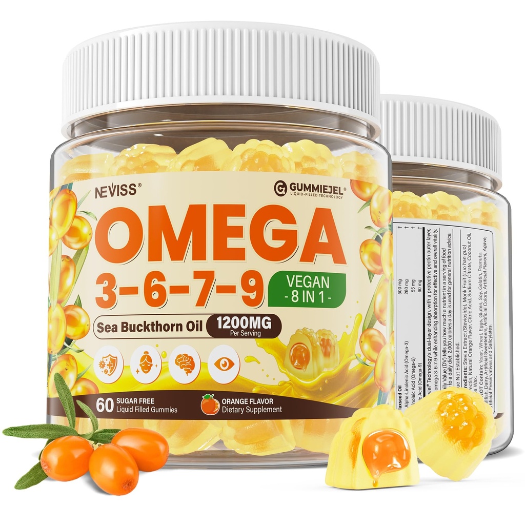 Omega 3-6-7-9 Gummies, Organic Sea Buckthorn Oil 1200MG & Flaxseed Oil 500MG, Vegan Omega 7 Supplement w / vitamin A, C, E, fede syrer, Ingen fisk smag, understøtter hud, øje, immun, hjerne sundhed, 60 Cts