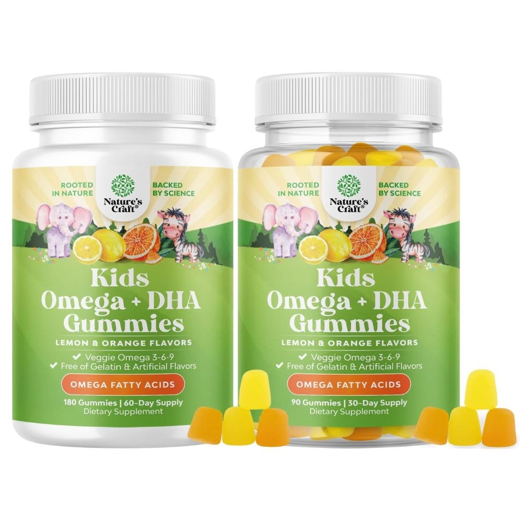 Bundle of Omega DHA Gummies for Kids - Fedtsyrer Omega 3 6 9 med C-vitamin for hjerne, Immunitet & Vision - Nutritional DHA for sund nervesystem & Focus Support - Vegetar & Gluten Free