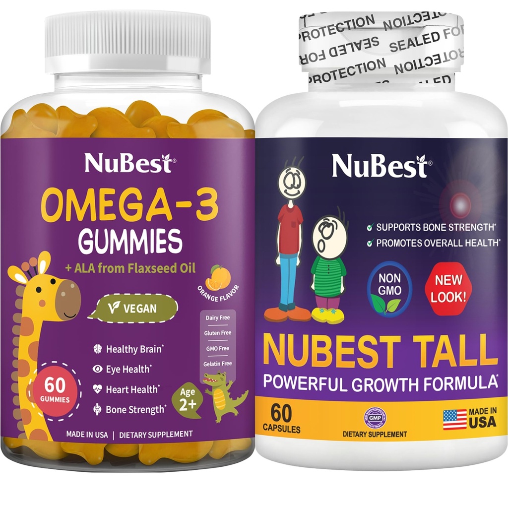 NuBest Bundle Bone Growth - Hjernevækst: Omega 3 Gummies Tall New Look for Kids & Teens med Calcium, Collagen, Urter, Omega 3 Flaxseolie