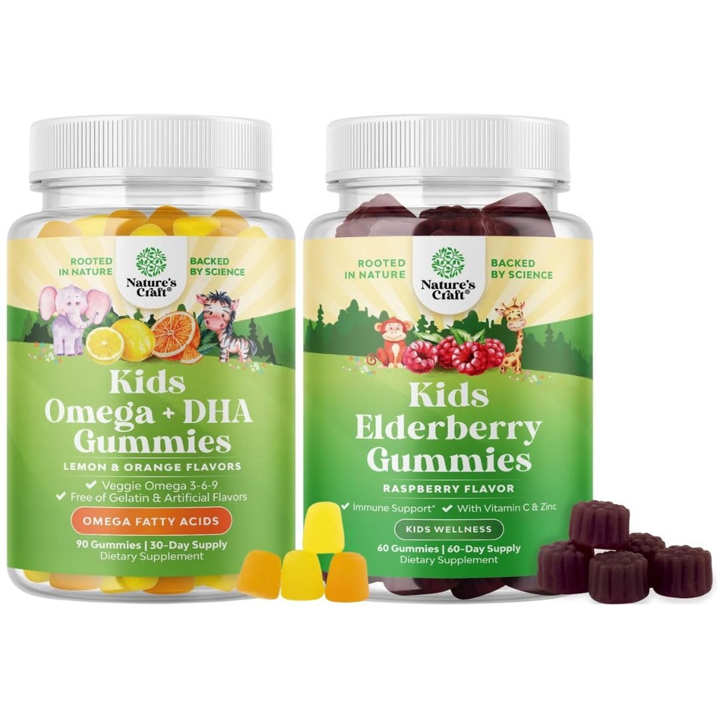 Bundle of Kids DHA Omega 3 Gummies - Fisk fri med vegetar 6 9 for Vision Brain & Immunity og Sambucus Elderberry Gummies for Kids - Sort Elderberry med Zink & Vitamin C for immunforsvar