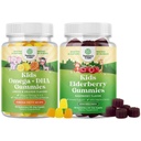Bundle of Kids DHA Omega 3 Gummies - Fisk fri med vegetar 6 9 for Vision Brain & Immunity og Sambucus Elderberry Gummies for Kids - Sort Elderberry med Zink & Vitamin C for immunforsvar