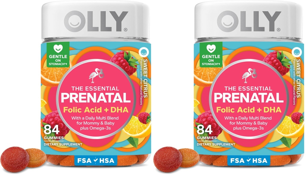 OLLY Essential Prenatal Gummy Multivitamin, Folinsyre, D-vitamin, Omega 3 DHA, understøtter sund vækst og hjerne udvikling, Citrus Berry -, 84 Greve (Pack of 2)