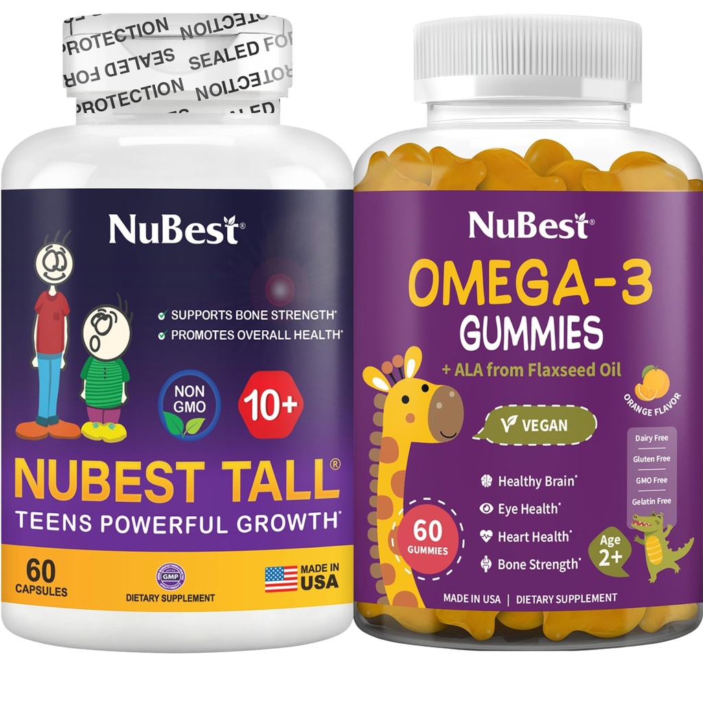 NuBest Bundle Knoglevækst og hjernevækst Høj 10 + Knoglehelbredskapsler og Omega-3 gummier for børn og teenagere