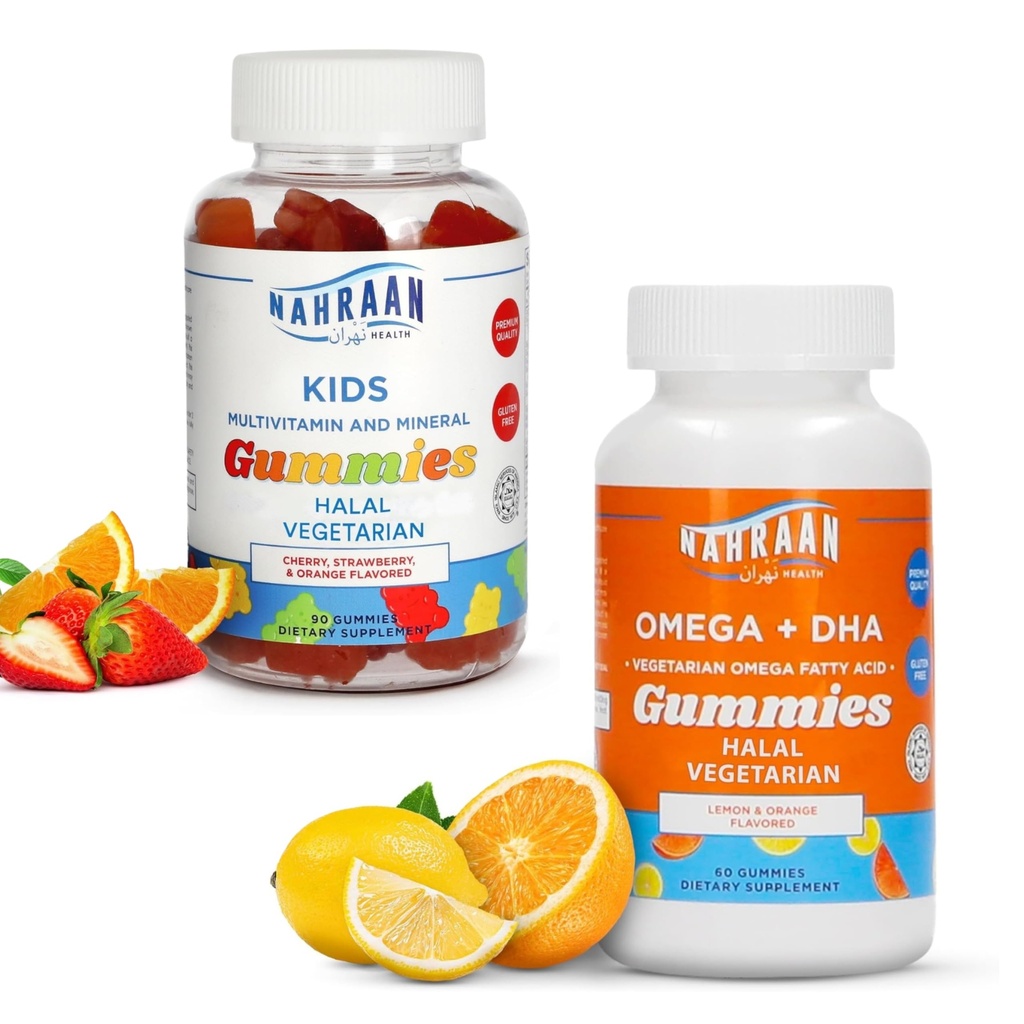 Halal Multivitaminer til børn (90 Greve) & Halal Omega 3 Gummier til voksne & Børn (60 Greve) - Non-GMO, Vegetar, Gluten Free Halal Gummies