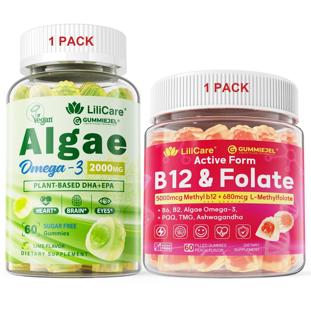 Bundle: Alger Omega 3 Gummies 1 Pack & Methyl B12 + L- methylfolfolat Gummies 1 Pack