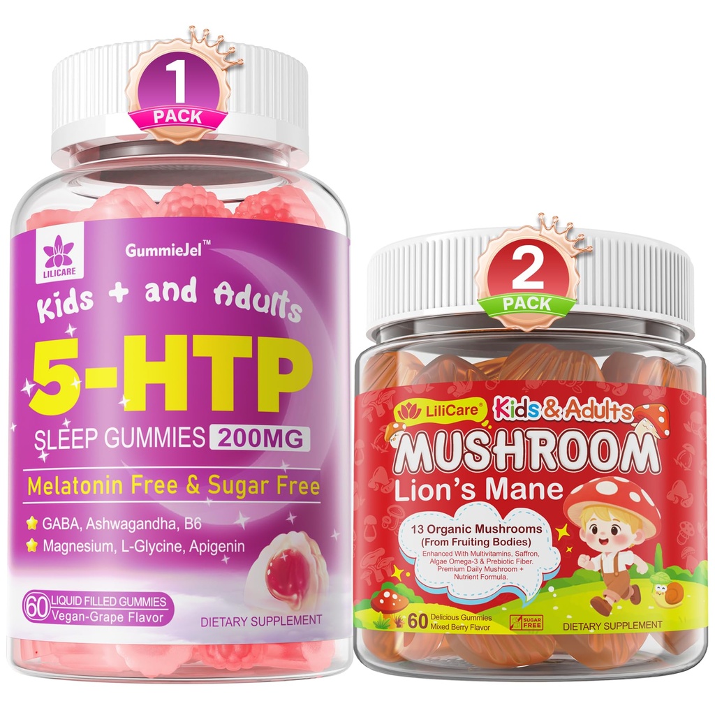 LILICARE Bundle: Mushroom Lions Mane + Safran + Algae Omega-3 Gummies + 5htp Gummies for børn og voksne