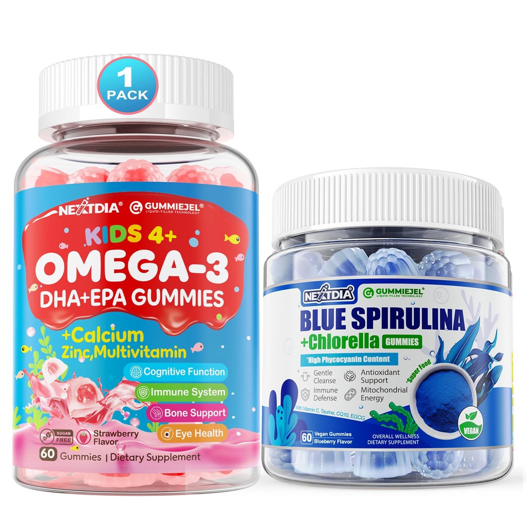 Omega 3 (EPA / DHA) fyldte gummier + Økologisk Blå Spirulina-gummier