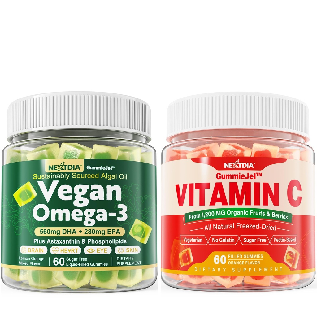 Nextdia Vegan Omega 3 Gummies + Whole Food Vitamin C Gummies til voksne og børn