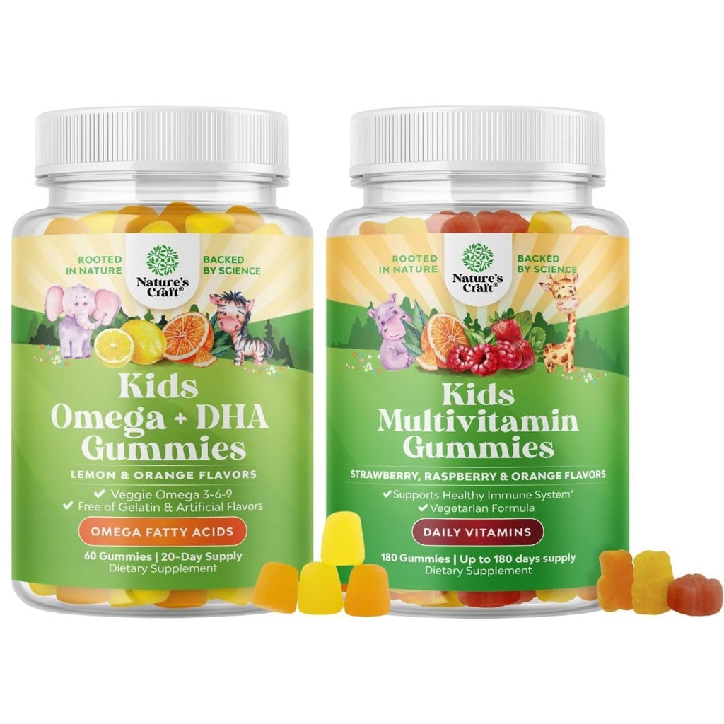 Bundle of Kids DHA Omega 3 Gummies - Fedtsyrer Omega 3 6 9 for hjerne, immunstyrke & Vision og Plantebaserede Kids Multivitamin Gummies med Vitaminer A C D3 E B og Zink til Immunitetsstøtte